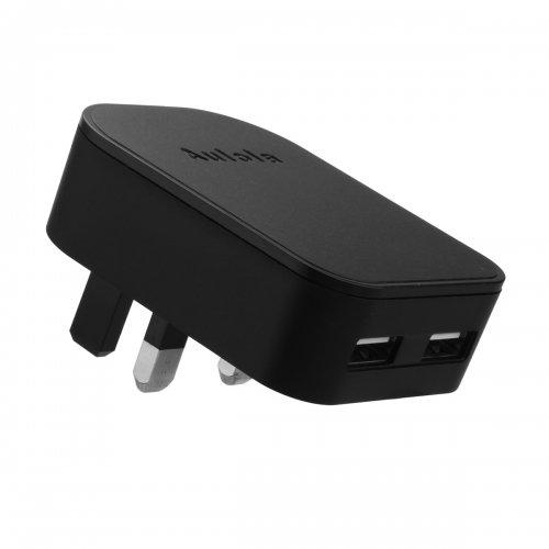 Dual USB Mains Plug 2 Port AC Power Adapter 3 Pin UK Travel Wall Charger 5V 2A - Black